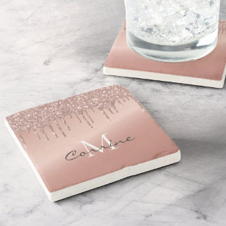 Roze Gouden Druppelende Glitter Monogram Naam Meta Stenen Onderzetter