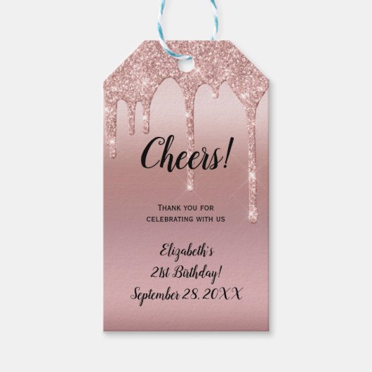 Roze Gouden Druppelende Glitters 21e Verjaardag Cadeaulabel (Voorkant)