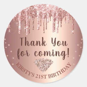 Roze Gouden Druppelende Glitters & Diamanten Verja Ronde Sticker