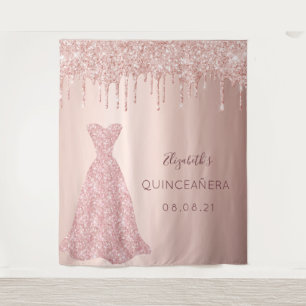 Roze gouden druppels roze jurk Quinceanera Wandkleed