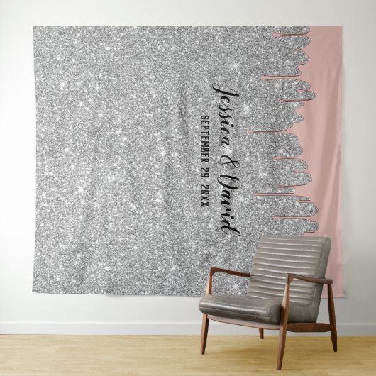 Roze Gouden Druppels Zilveren Glitter Trouw Achter Wandkleed (In Situ (horizontaal))