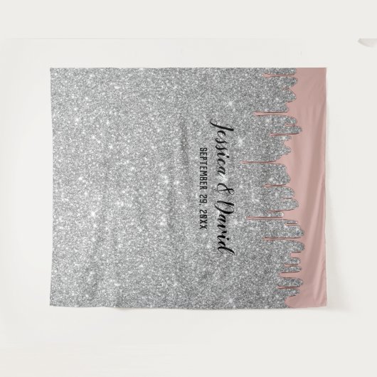 Roze Gouden Druppels Zilveren Glitter Trouw Achter Wandkleed (Voorkant (horizontaal))