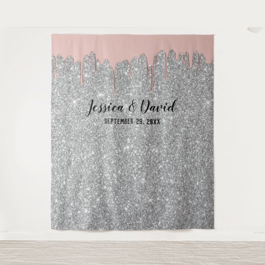 Roze Gouden Druppels Zilveren Glitter Trouw Achter Wandkleed (Voorkant)