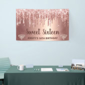 Roze Gouden Druppende Glitters & Diamanten Sweet 1 Spandoek (Beurs)