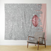 Roze Gouden Druppende Lippen Zilveren Glitter Acht Wandkleed (In Situ (horizontaal))