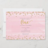 Roze & Gouden EEN 1e Verjaardagsuitnodiging Kaart (Voorkant)