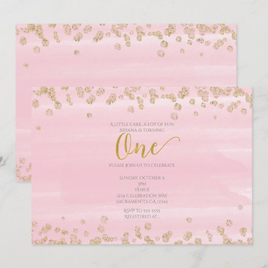 Roze & Gouden EEN 1e Verjaardagsuitnodiging Kaart (Voorkant / Achterkant)