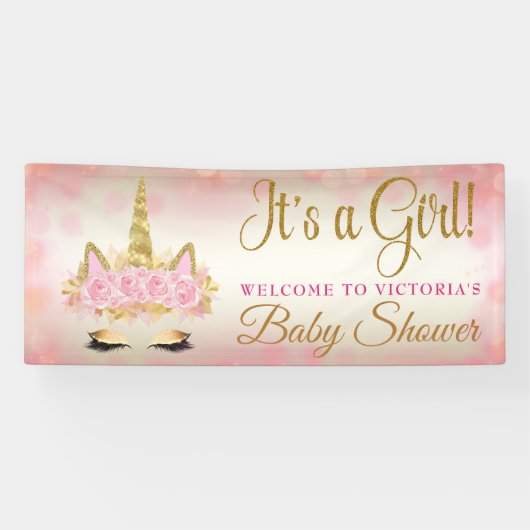 Roze Gouden Eenhoorn Baby shower Banner (Horizontaal)