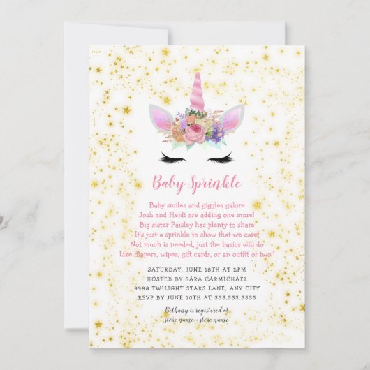 Roze Gouden Eenhoorn Baby Sprinkle Kaart (Voorkant)
