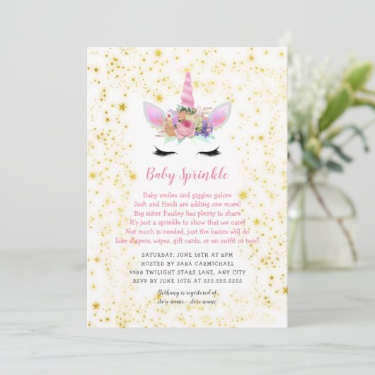 Roze Gouden Eenhoorn Baby Sprinkle Kaart (Staand voorkant)