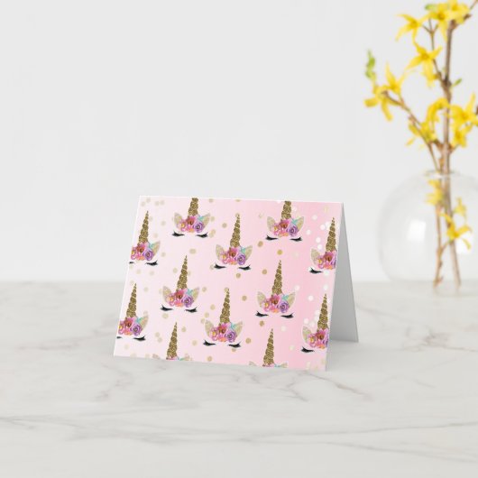 Roze & Gouden Eenhoorn Bloemrijke Hoorn Verjaardag Kaart (Gele Bloem)