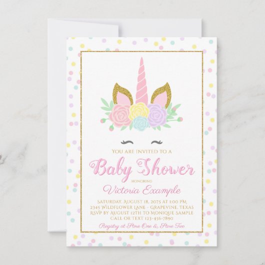 Roze Gouden Eenhoorn Gezicht Meisje Baby shower Ui Kaart (Voorkant)