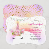 Roze Gouden Eenhoorn Gezicht Uitnodigingen ELKE GE (Voorkant / Achterkant)