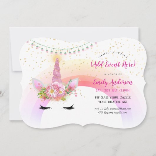 Roze Gouden Eenhoorn Gezicht Uitnodigingen ELKE GE (Voorkant)