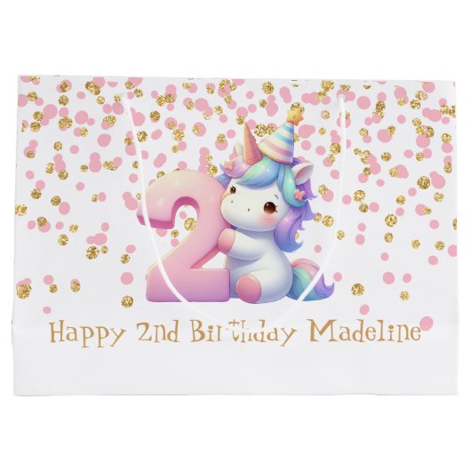Roze Gouden Eenhoorn Glitter 2e Meisjes Verjaardag Groot Cadeauzakje (Achterkant)