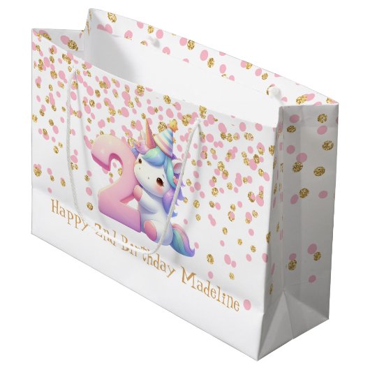 Roze Gouden Eenhoorn Glitter 2e Meisjes Verjaardag Groot Cadeauzakje (Voorkant Gekanteld)