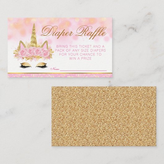 Roze Gouden Eenhoorn Luier Raffle Tickets Informatiekaartje (Voorkant / Achterkant)