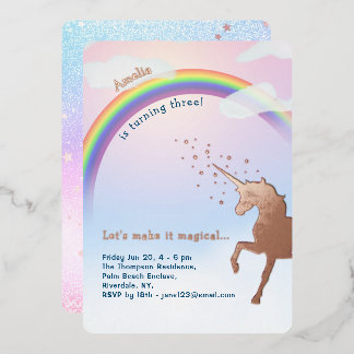 Roze Gouden Eenhoorn Regenboog Glitters Magische V Folie Uitnodiging
