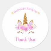 Roze gouden eenhoorn verjaardag ronde sticker (Voorkant)