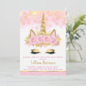 Roze Gouden Eenhoorn Verjaardagsfeest Kaart (Staand voorkant)