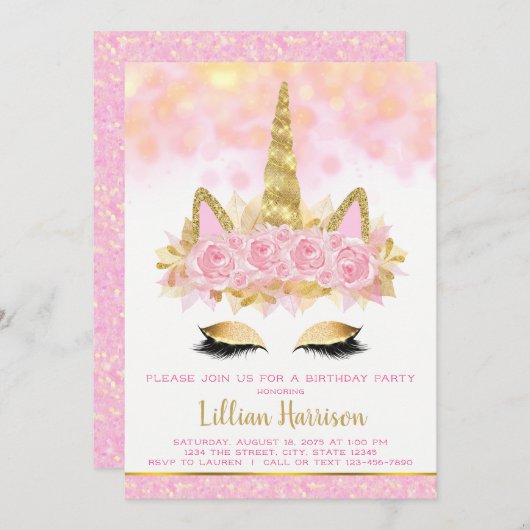 Roze Gouden Eenhoorn Verjaardagsfeest Kaart (Voorkant / Achterkant)