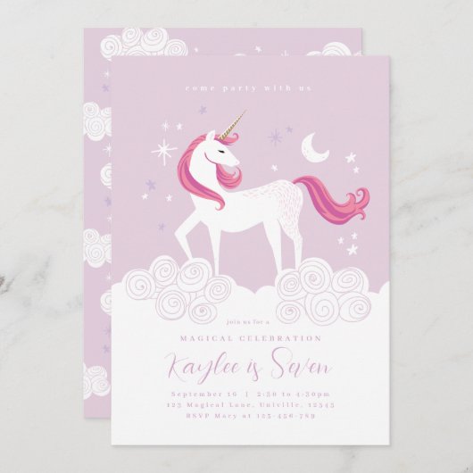 Roze Gouden Eenhoorn Verjaardagsfeest Uitnodigen M Kaart (Voorkant / Achterkant)