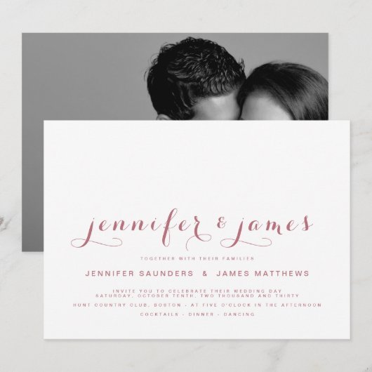 Roze Gouden Eenvoudige Elegante Script Foto Bruilo Kaart (Voorkant / Achterkant)