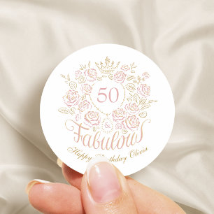 Roze & Gouden Elegante Bloemige 50 & Fantastische Ronde Sticker