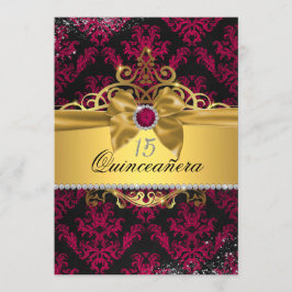 Roze Gouden Elegante Damast Quinceanera Uitnodigin Kaart