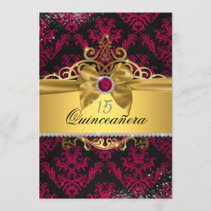 Roze Gouden Elegante Damast Quinceanera Uitnodigin Kaart