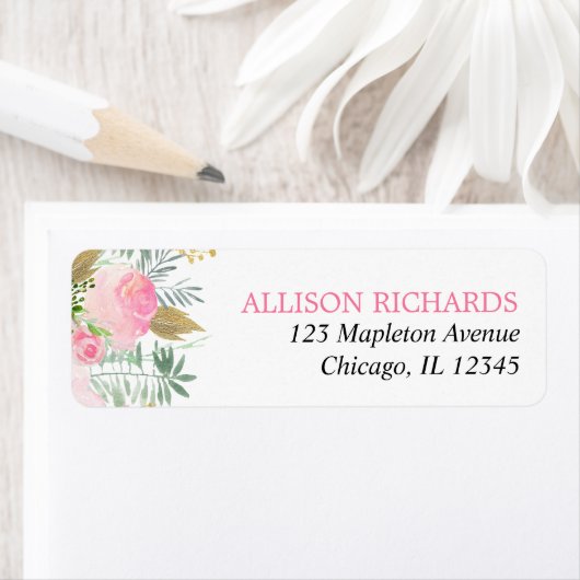 Roze gouden elegante groene bloemenkleurige waterv etiket (Insitu)