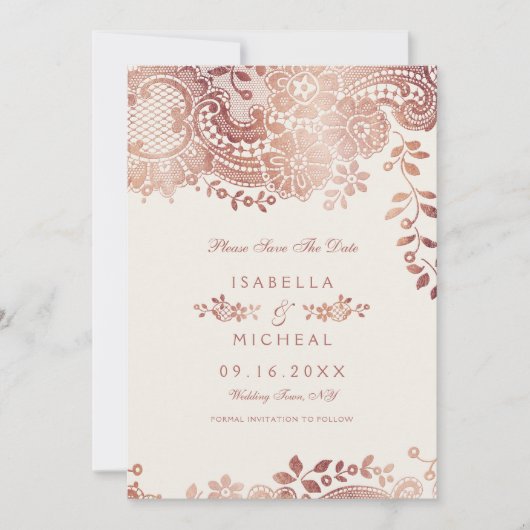 Roze gouden elegante kant trouw save the date (Voorkant)