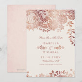 Roze gouden elegante kant trouw save the date (Voorkant / Achterkant)