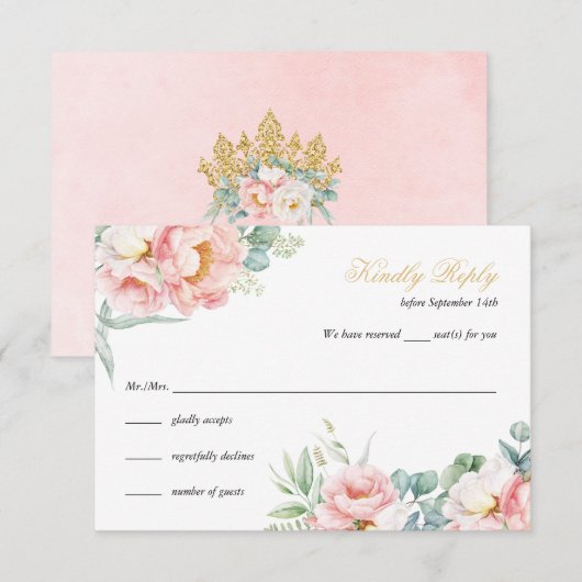 Roze & Gouden Elegante Quinceañera RSVP-kaart Kaart (Voorkant / Achterkant)