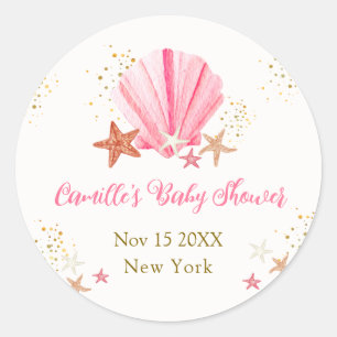 Roze Gouden Elegante Zeester Schelp Baby Shower  Ronde Sticker