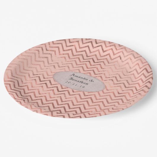 Roze Gouden en Blush Folie Chevron Trouw Papieren Bordje (Gekanteld)