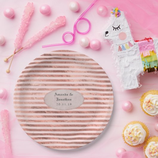 Roze Gouden en Blush Folie Strepen Bruiloft Papieren Bordje (Feest)