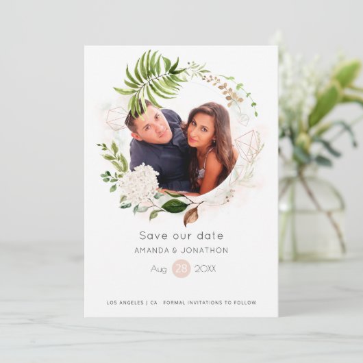 Roze Gouden en Blush Geometrische Groene Bloemen B Save The Date (Staand voorkant)