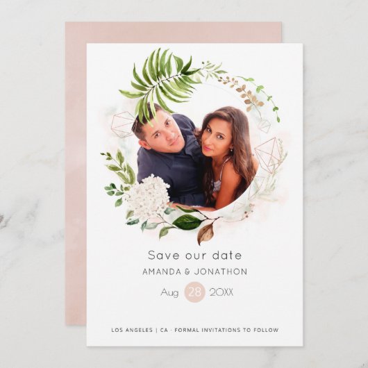 Roze Gouden en Blush Geometrische Groene Bloemen B Save The Date (Voorkant / Achterkant)