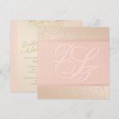 Roze Gouden en Blush Monogram Uitnodiging (Voorkant / Achterkant)