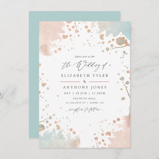 Roze Gouden en Blush Roze Verfspatten Bruiloft Kaart (Voorkant / Achterkant)