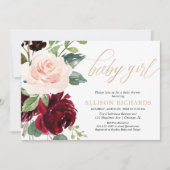 Roze gouden en bordeauxrode bloemenmeisje baby sho kaart (Voorkant)