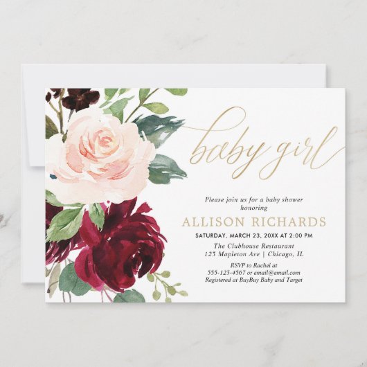 Roze gouden en bordeauxrode bloemenmeisje baby sho kaart (Voorkant)