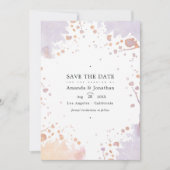 Roze gouden en pastel paarse verfspatten bruiloft save the date (Voorkant)