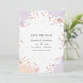 Roze gouden en pastel paarse verfspatten bruiloft save the date (Staand voorkant)