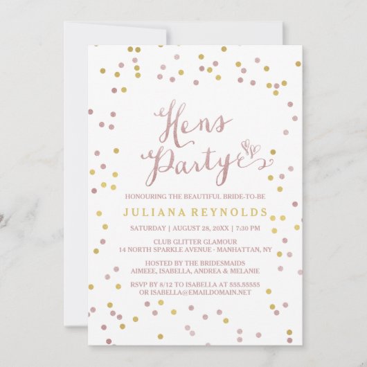 Roze gouden en witte Confetti Hens Party Invitatio Kaart (Voorkant)