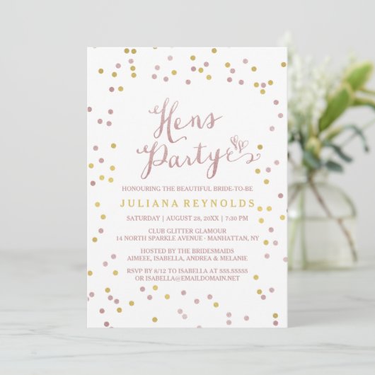 Roze gouden en witte Confetti Hens Party Invitatio Kaart (Staand voorkant)