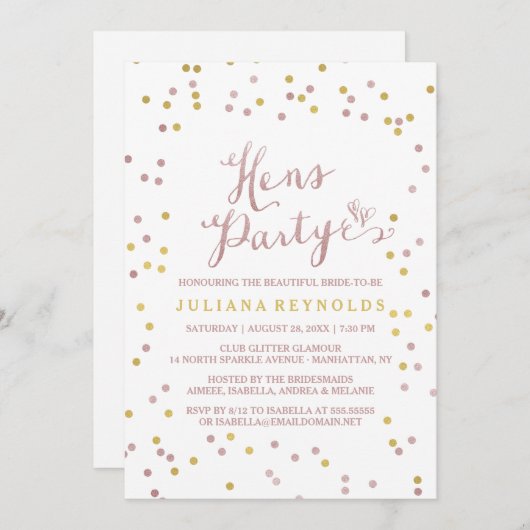 Roze gouden en witte Confetti Hens Party Invitatio Kaart (Voorkant / Achterkant)