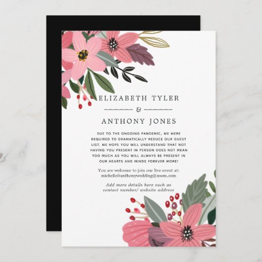 Roze, Gouden en Zwarte Bloemen Verminderde Bruilof Aankondiging (Voorkant / Achterkant)