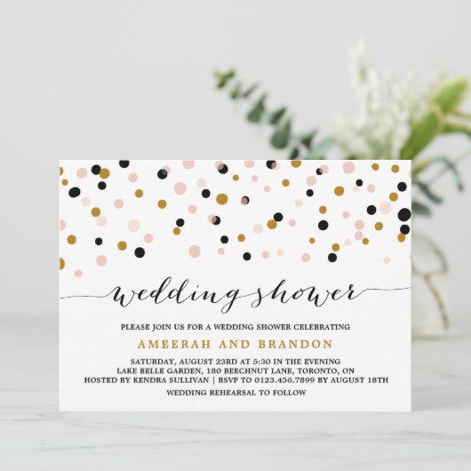 Roze, gouden en zwarte Confetti Stippen Weddenscha Kaart (Staand voorkant)